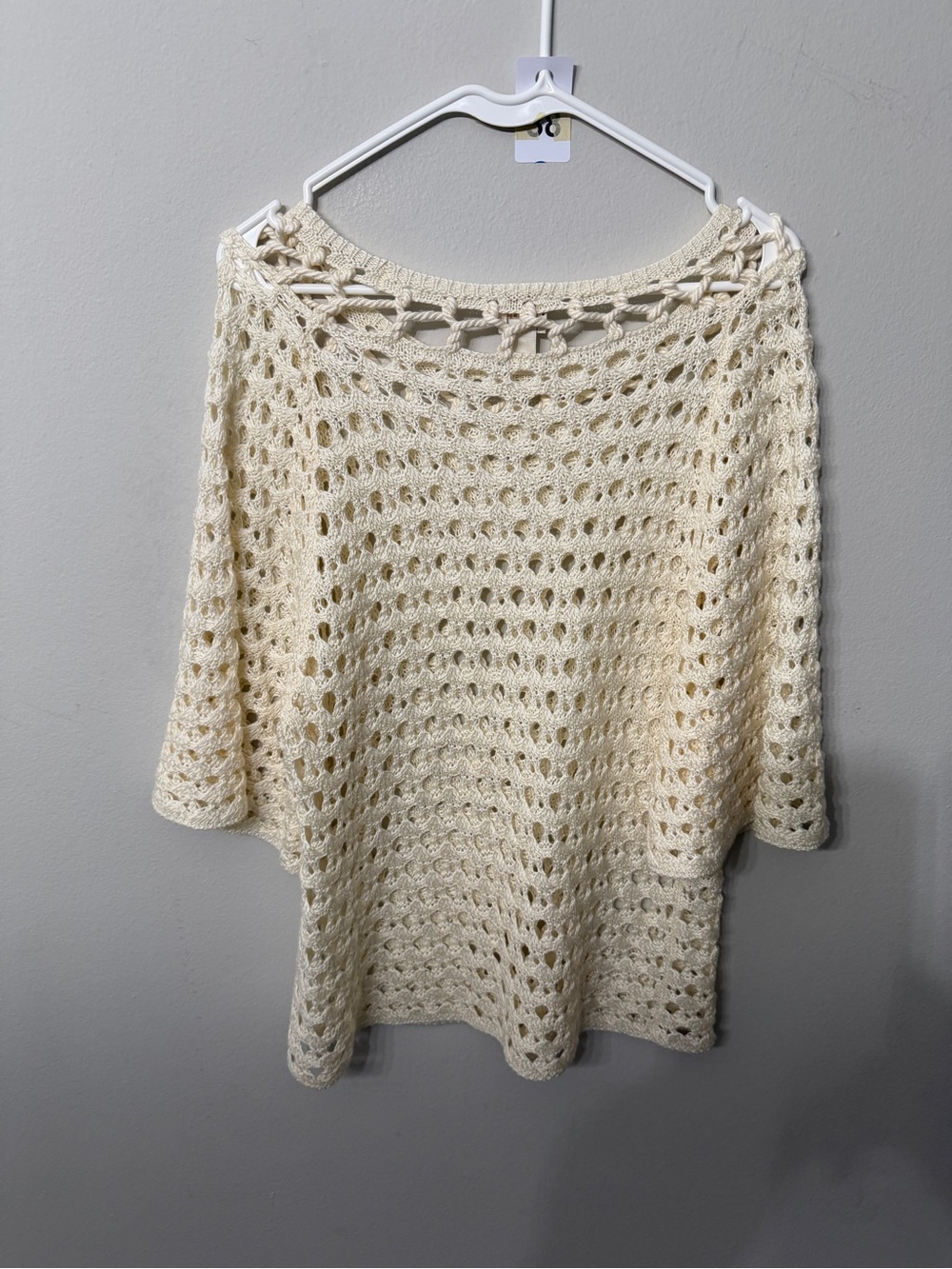 Women’s Chico’s Size 1 Ivory Cream Open Knit Crochet 3/4 Sleeve Sweater Top - Picture 2 of 4